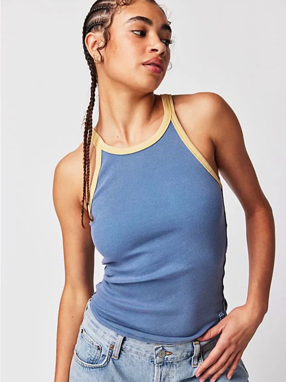 FREE PEOPLE  We the Free Ringer Tank Blue Yellow Trim Size Medium